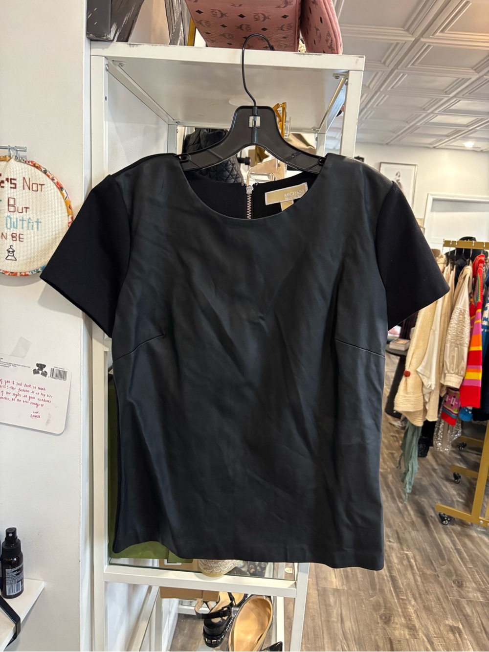 MICHAEL Michael Kors Black Short-Sleeve Faux Leather Front Tee